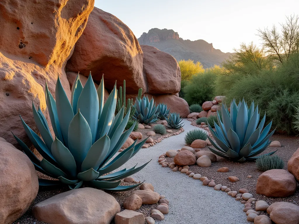 Dramatic Desert Rock Garden with Agaves - A stunning naturalistic desert rock garden photographed during golden hour, featuring majestic blue-gray agave plants nestled among weathered granite boulders. Large specimen Agave parryi and Agave americana create bold architectural focal points, surrounded by smaller barrel cacti and desert spoon plants. The landscape includes layered arrangements of rust-colored rocks and light desert pebbles creating natural-looking terraces. Soft evening light casts long shadows across the textured garden, highlighting the dramatic spiky forms of the succulents. Professional landscape photography style, high resolution, dramatic composition