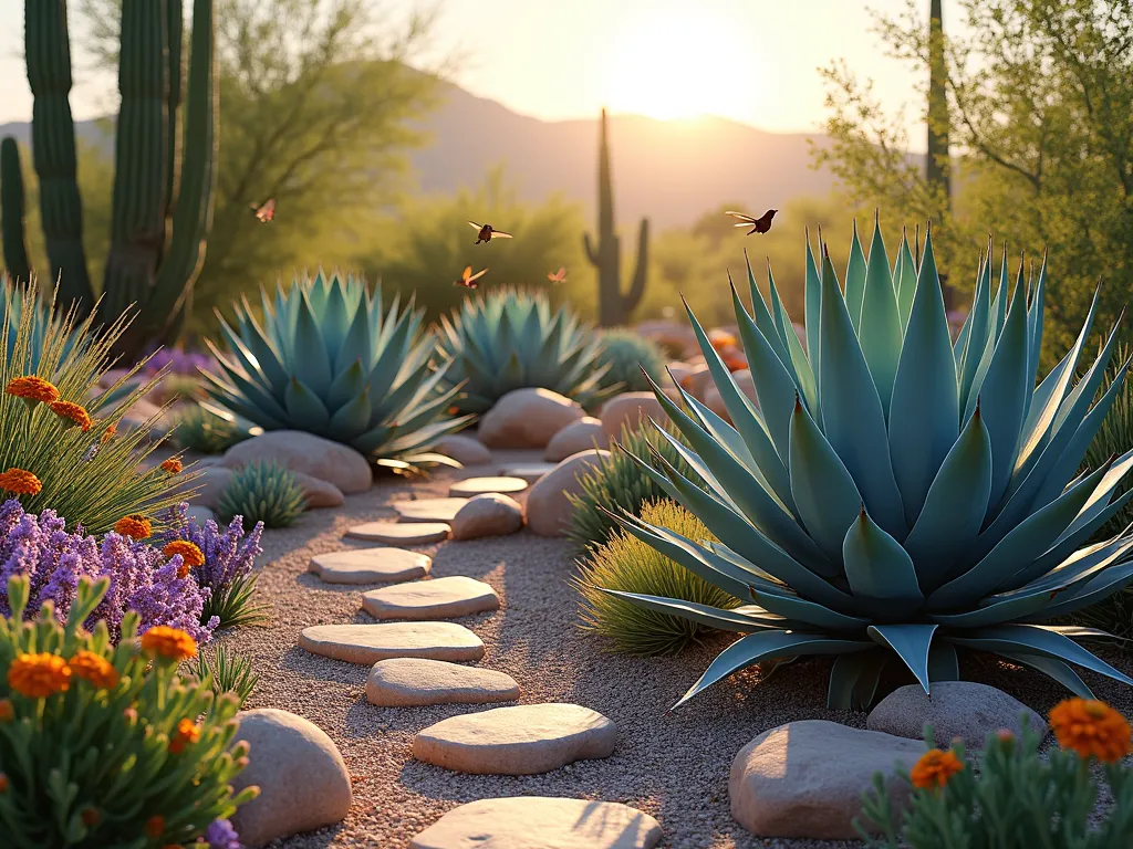 Desert Wildlife Sanctuary with Agaves - A sunlit desert garden landscape showcasing dramatic blue-green agave plants surrounded by vibrant native wildflowers in purple and orange hues. Hummingbirds hover near flowering desert plants while butterflies rest on blooming desert marigolds. The garden features a natural arrangement of smooth rocks and decomposed granite paths winding between Weber's Agave and Queen Victoria Agave. Desert sage and penstemons add soft purple accents while native flowering cacti provide additional interest. The scene is captured during golden hour, creating warm lighting that highlights the architectural shapes of the agaves, hyperrealistic photography style.