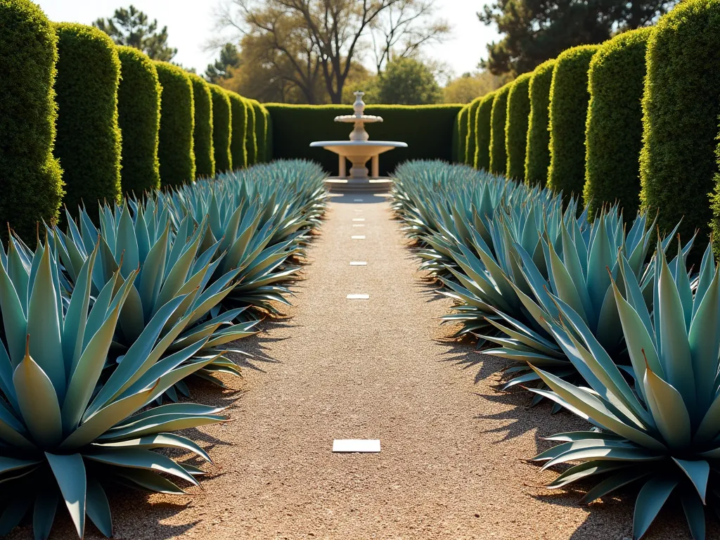 Symmetrical Agave Garden Path - A formal garden path with perfectly symmetrical rows of blue agave plants, their sculptural forms creating mirror images on both sides. Manicured hedges frame the walkway, while classical stone planters anchor the corners. The agaves' geometric silhouettes cast dramatic shadows on crushed limestone gravel, leading to an ornate fountain centerpiece in the background. Shot during golden hour with soft, warm lighting emphasizing the plants' architectural qualities.