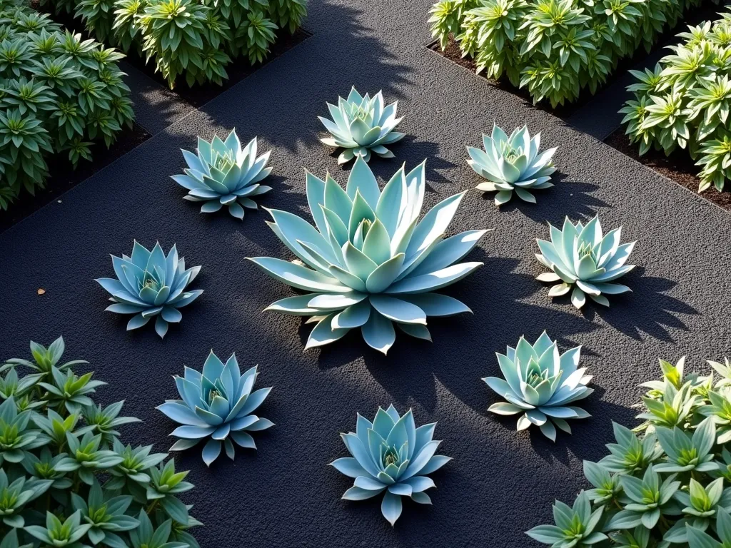 Modern Geometric Agave Garden Pattern - A modern garden design featuring a precise geometric pattern of small blue-green Agave attenuata arranged in concentric hexagons against dark charcoal gravel. Aerial view showing the mathematical symmetry of the layout, with each agave perfectly spaced and aligned. Soft morning light casting subtle shadows, highlighting the architectural nature of the plants. Contemporary minimalist pathway borders the design, creating a striking entrance feature. The contrast between the silvery-blue agaves and the dark gravel creates a mesmerizing pattern that resembles a living mandala.