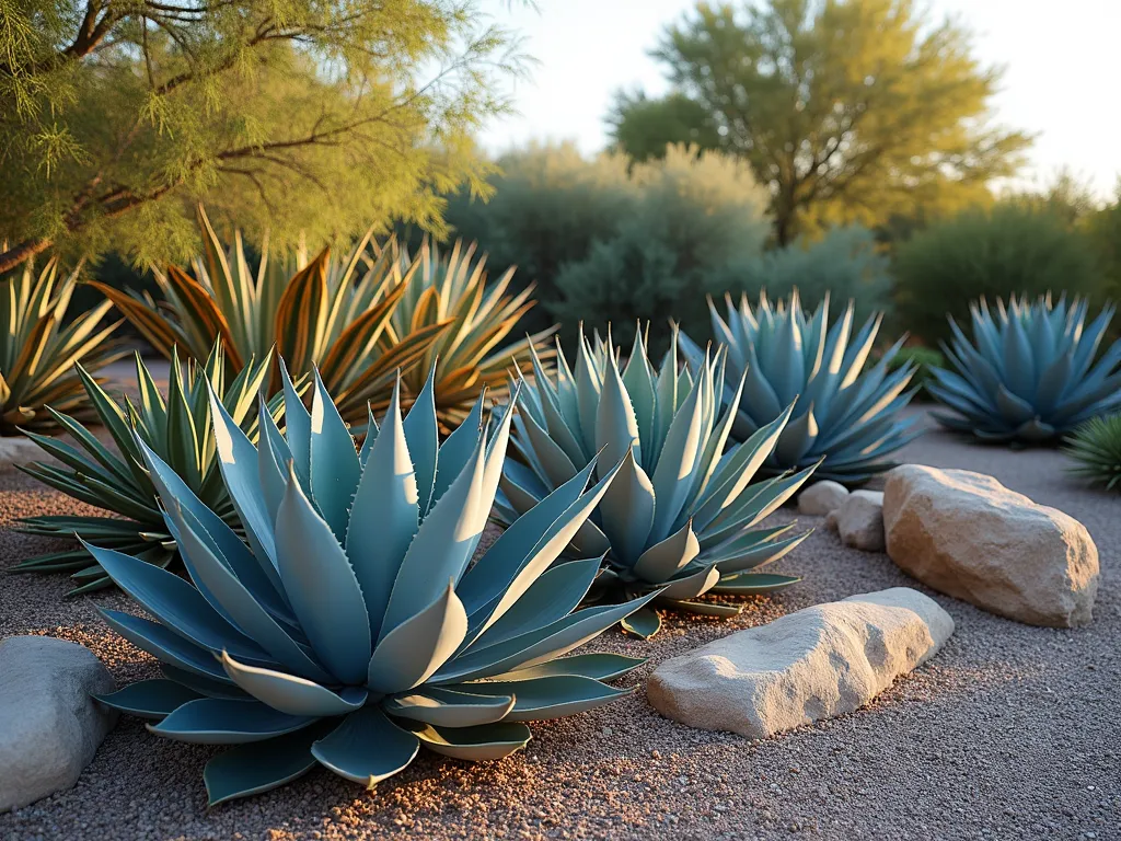 Layered Desert Tapestry Garden - A stunning desert garden landscape featuring multiple varieties of agave plants artistically arranged in layers, shot during golden hour. In the foreground, a dramatic blue-gray Agave americana contrasts with the silvery Agave attenuata. Behind them, golden-striped Agave americana marginata and smaller, darker Agave victoriae-reginae create a fascinating textural interplay. The plants are arranged in a naturalistic pattern among weathered rocks and desert pebbles, with soft late afternoon sunlight casting dramatic shadows that emphasize the architectural forms of the agaves. The composition creates a living tapestry of varying heights, colors, and textures that draws the eye through the scene.