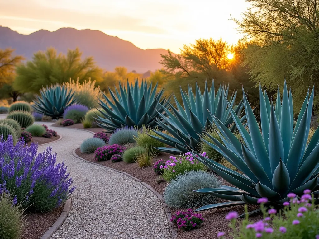 Layered Xeriscape Border with Agaves - A stunning desert landscape border photographed during golden hour, featuring dramatic blue-green Agave americana as focal points, surrounded by purple sage, golden barrel cactus, and silvery artemisia. The plants are arranged in flowing layers, with taller agaves creating architectural elements against softer, flowing desert perennials. Natural decomposed granite pathways weave through the border, while small desert wildflowers add pops of color. Photorealistic, high-end landscape photography style, soft natural lighting, 8k resolution.