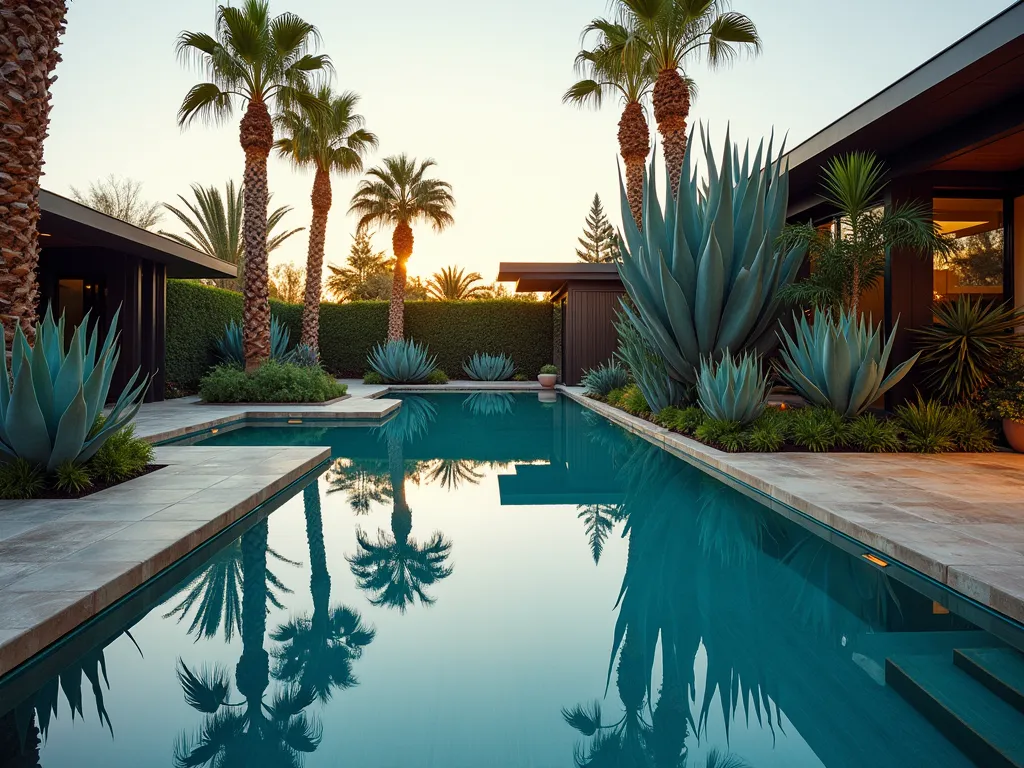 Luxury Poolside Agave Oasis - A stunning modern swimming pool surrounded by majestic blue-green Agave americana specimens and elegant Royal Palms, photographed during golden hour. The crystal-clear pool water perfectly reflects the sculptural agave plants, creating mirror-like symmetry. Contemporary pool deck with natural stone tiles, featuring strategic lighting that highlights the architectural forms of the agaves. Tropical foliage and smaller desert plants create layered textures in the background. Cinematic composition with dramatic shadows and resort-style ambiance, ultra-detailed, architectural photography style.