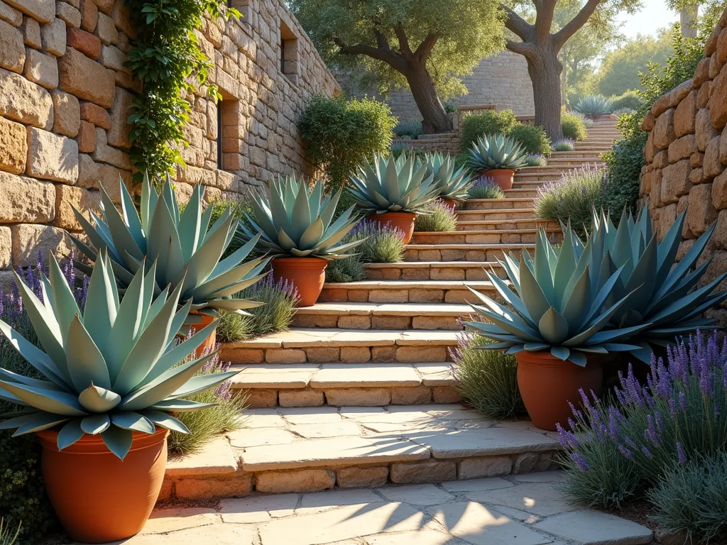 Mediterranean Agave Terrace Garden - A sun-drenched Mediterranean terrace garden with stone steps ascending a hillside, featuring dramatic blue-gray agave plants of varying sizes. Terra cotta pots line the weathered stone steps, filled with blooming lavender and smaller agaves. Ancient olive trees cast dappled shadows across the scene. The terraced stone walls have a rustic, timeworn texture, with cascading Mediterranean plants. Soft evening light bathes the scene in warm golden hues, creating a romantic coastal European atmosphere. Photorealistic, architectural photography style, high detail.