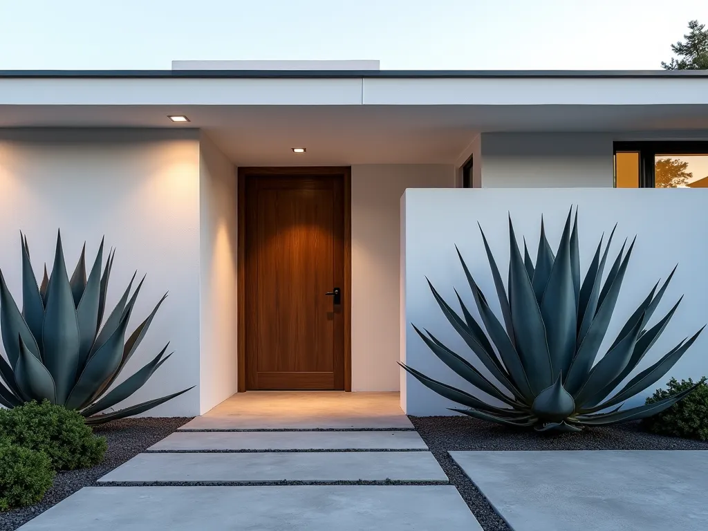 Modern Minimalist Agave Entry Garden - A sleek, contemporary home entrance featuring three majestic blue-grey Agave americana specimens of varying sizes, dramatically positioned against a smooth white stucco wall. Clean lines of modern concrete pavers lead to the entrance, while subtle LED ground lighting casts dramatic shadows of the agave's sculptural forms. The composition is intentionally sparse, with no other plants competing for attention, emphasizing the natural architectural beauty of the agaves. Shot during golden hour with dramatic side lighting to accentuate the plants' geometric forms, photorealistic, high-end architectural photography style.