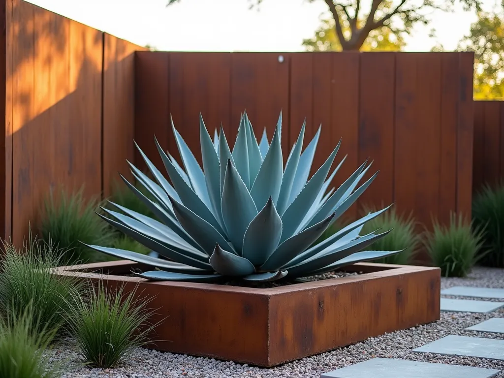 Modern Agave and Cor-ten Steel Garden - A stunning modern garden landscape featuring a dramatic Blue Agave centerpiece emerging from a weathered cor-ten steel planter, photographed during golden hour. The agave's architectural blue-gray leaves create sharp geometric patterns against the warm rusty patina of the steel. Behind, tall rectangular cor-ten steel panels create a contemporary backdrop, their oxidized surface catching the light. Clean gravel ground cover and minimal companion plantings maintain focus on the sculptural interplay between the organic agave forms and industrial materials. Professional landscape photography, dramatic lighting, high resolution.