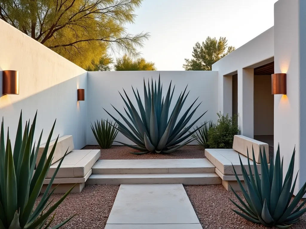 Modern Agave Courtyard Haven - A serene Mediterranean-style courtyard garden at golden hour, featuring a striking blue Agave attenuata as the centerpiece. White stucco walls create an intimate enclosure, with modern concrete benches arranged at different angles. Decorative copper lanterns cast warm light, while smaller Weber's agave and Queen Victoria agave dot the perimeter. Desert pebbles and crushed granite create clean pathways, with minimal desert-adapted plants adding texture. Soft evening light casts dramatic shadows from the agaves' sculptural forms onto the textured walls, creating an artistic interplay of light and shadow. Professional architectural photography style, high-end resort aesthetic.