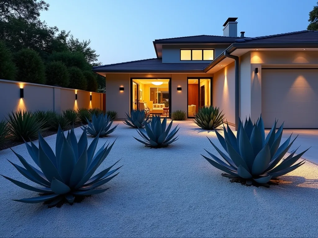 Modern Agave and Gravel Garden at Twilight - A minimalist modern garden landscape featuring large Blue Agave specimens emerging from a pristine sea of light gray polished gravel, photographed during twilight. The agaves cast dramatic shadows from strategic ground lighting, creating striking silhouettes against a contemporary home's clean architectural lines in the background. The garden showcases varying sizes of agave plants with their geometric forms perfectly spaced, their blue-gray leaves contrasting beautifully with the gravel. Subtle accent lighting illuminates the agaves from below, creating an ethereal ambiance.