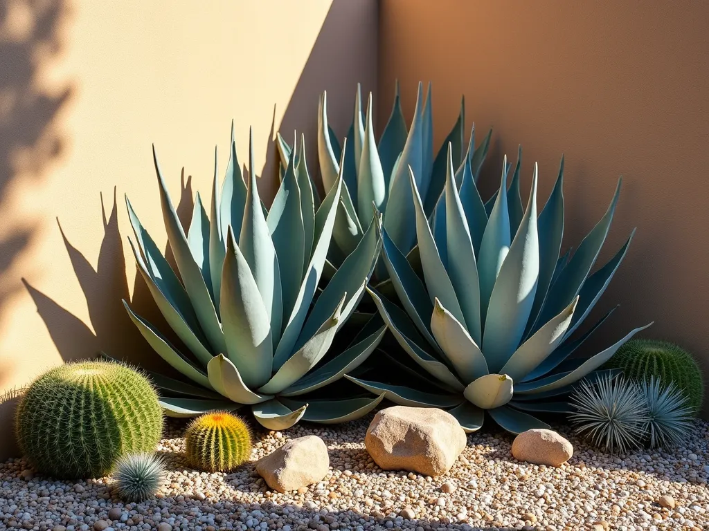 Modern Desert Corner Oasis - A stunning corner garden featuring a dramatic arrangement of different-sized blue-gray agave plants, including Agave americana and Whale's Tongue Agave, against a weathered stucco wall. The agaves cast intricate shadows in bright sunlight, surrounded by decorative gravel and accent boulders. Small golden barrel cacti and silver-blue senecio provide ground cover, creating a sophisticated water-wise desert corner design. Photographed in warm afternoon light, emphasizing the architectural forms and symmetrical rosette patterns of the agaves, photorealistic style.