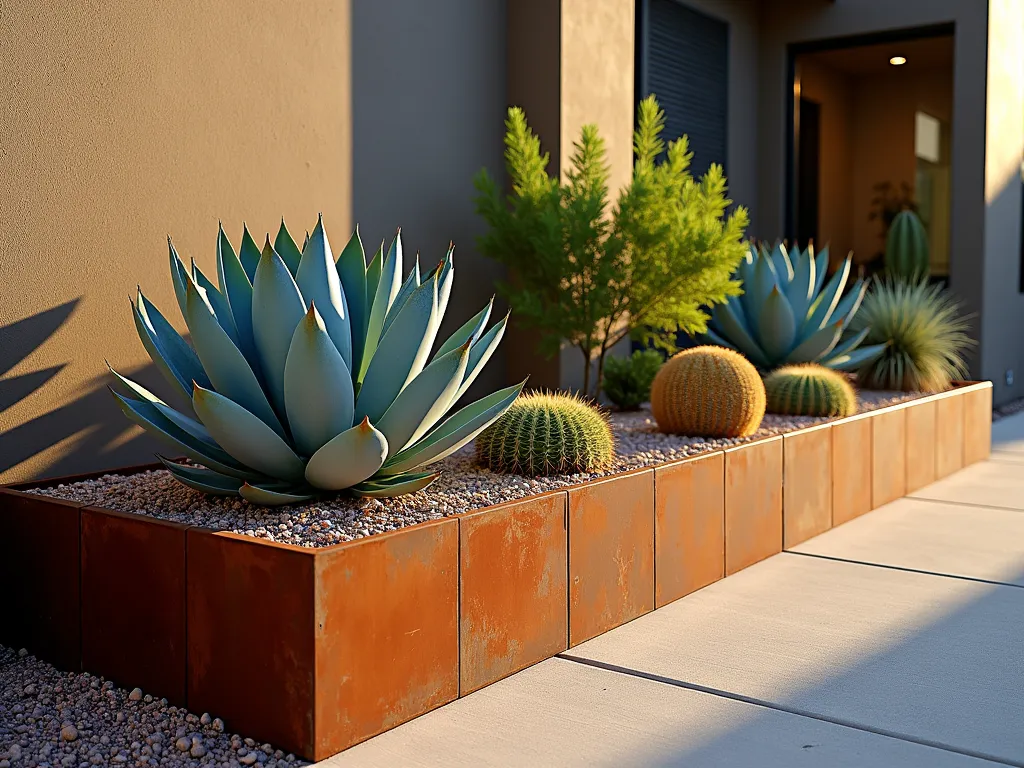 Modern Raised Desert Garden with Agaves - A stunning architectural raised garden bed made of weathered Corten steel, elevated 3 feet high, showcasing a dramatic arrangement of blue agave, whale's tongue agave, and golden barrel cactus. The modern rectangular planter features desert landscaping with crushed desert rose gravel and small rocks. Dramatic afternoon sunlight casts intricate shadows from the agave's geometric forms. Professional landscape photography style, golden hour lighting, high resolution, sharp detail of agave's natural patterns.