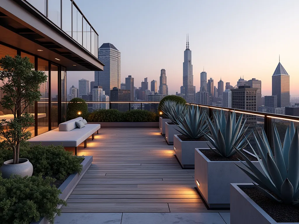 Modern Rooftop Agave Sanctuary - A stylish urban rooftop garden at sunset, featuring dramatic Agave plants in contemporary large concrete containers. Modern geometric planters of varying heights showcase sculptural blue-grey agaves against a backdrop of city skyscrapers. The space includes sleek wooden decking, minimalist seating, and subtle LED lighting that highlights the architectural forms of the agaves. The plants cast dramatic shadows across the deck, while glass railings provide safety without obscuring the stunning cityscape view. Photographed from an angle that captures both the intimate garden space and the urban panorama, with warm evening light creating a sophisticated atmosphere.