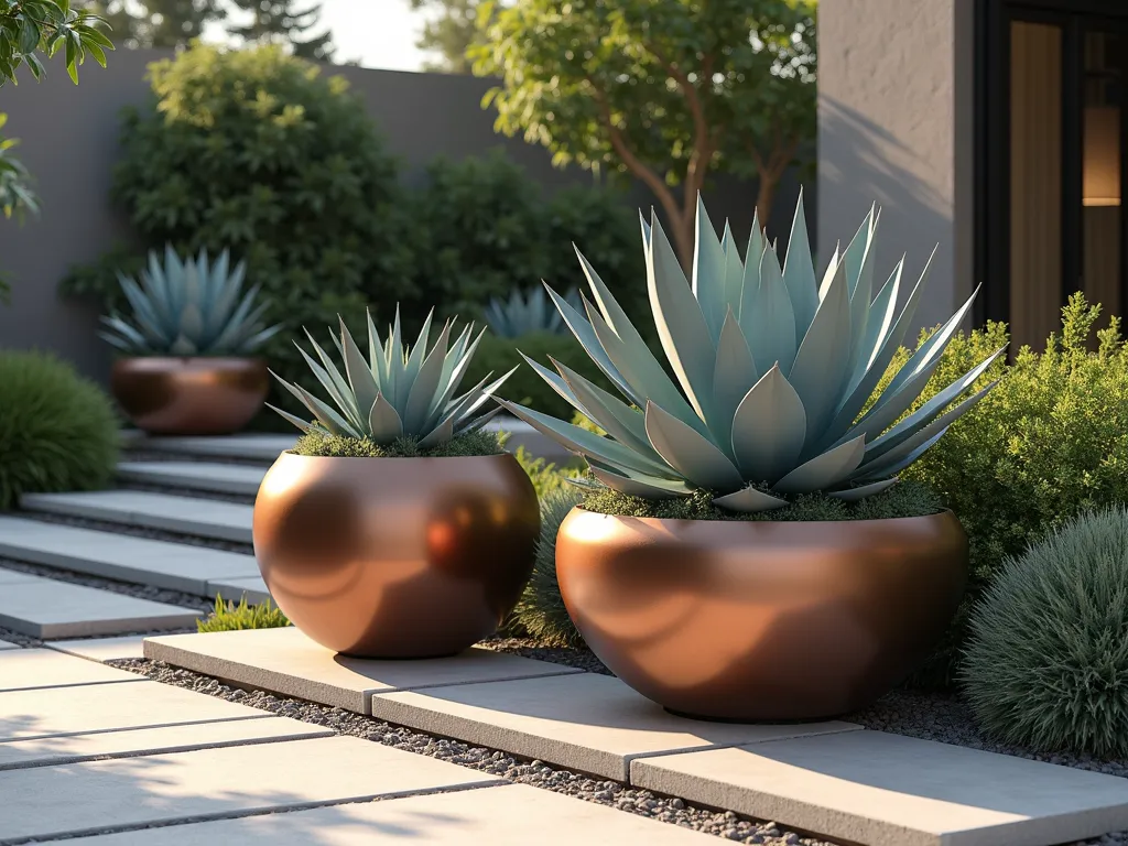 Modern Wheeled Agave Container Garden - A stylish outdoor patio scene featuring contemporary large copper and charcoal-colored wheeled planters containing majestic blue agave and other succulent specimens. The containers are arranged in an artistic composition on a modern stone patio, with soft late afternoon sunlight casting dramatic shadows. Some planters are positioned at different heights, creating visual interest. The agaves display their characteristic architectural forms with silver-blue leaves against the warm-toned containers. Photorealistic, high-end garden design, 4K quality.