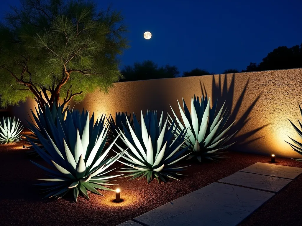 Illuminated Agave Garden at Night - A dramatic nighttime garden scene featuring majestic blue agave plants illuminated by warm ground-level uplighting. The sharp, sculptural leaves cast dramatic angular shadows on a textured stone wall behind. Multiple agaves of varying sizes create a layered effect, their silvery-blue leaves gleaming under the strategic lighting. Small copper path lights guide through the garden, while the desert moon peeks through in the background. The lighting creates a theatrical play of light and shadow, emphasizing the architectural forms of the agaves against the deep blue night sky.