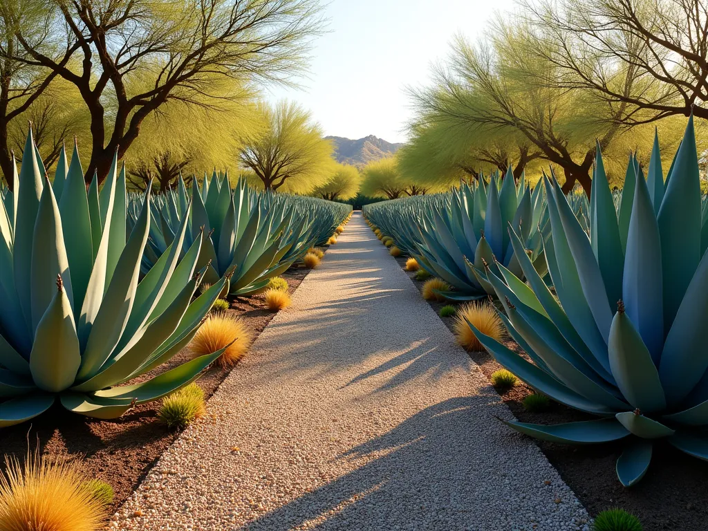 Agave Pathway Rhythm Garden - A serene desert garden pathway lined with perfectly spaced blue-green Agave americana plants on both sides, creating a mesmerizing rhythmic pattern. Golden sunlight casts dramatic shadows across a decomposed granite path, while the agaves' architectural forms create a striking repetitive pattern. The symmetrical placement leads the eye toward a desert vista, with each agave precisely positioned like natural sculptures. Soft desert grasses provide subtle movement between the bold agaves.