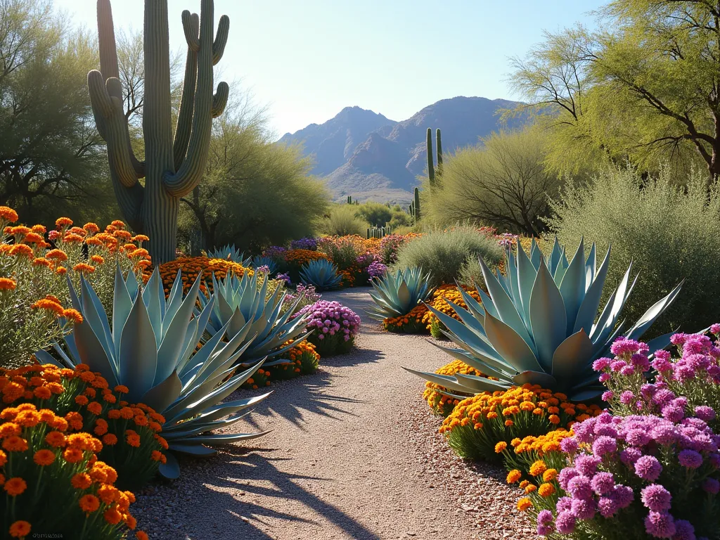 Vibrant Southwest Agave Color Garden - A sun-drenched desert garden landscape featuring dramatic blue-gray Agave americana plants with their architectural rosettes as the centerpiece, surrounded by masses of vibrant orange and purple lantana flowers and tall pink penstemons. The late afternoon sunlight casts long shadows across decomposed granite pathways, while the contrast between the cool silvery-blue agaves and the warm-colored flowering plants creates a stunning visual display. Photorealistic, high detail, professional landscape photography style.