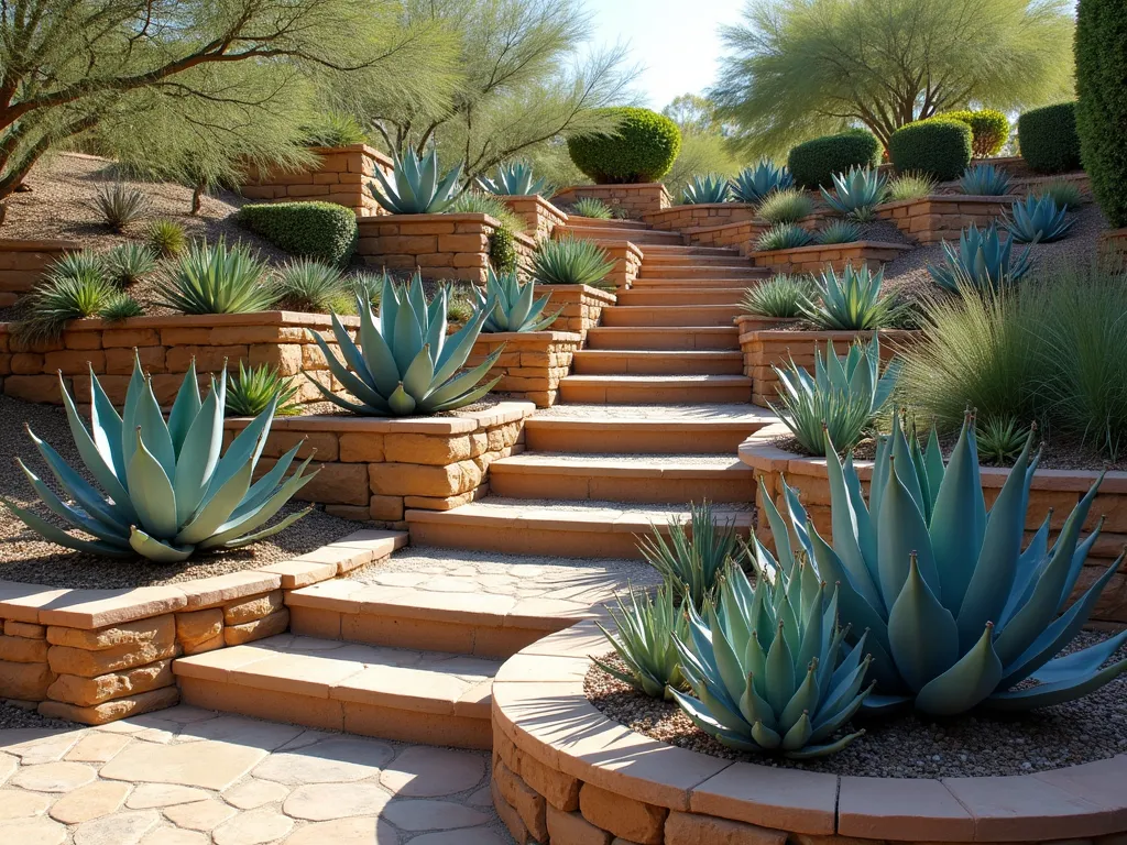 Terraced Agave Garden Steps - A stunning terraced garden display featuring multiple levels of stone planters cascading down a gentle slope, bathed in warm sunlight. Various sizes of blue-green agave plants create a dramatic desert landscape, from large Agave americana on the lower levels to smaller Agave attenuata on upper tiers. Natural stone retaining walls in warm sandstone colors add architectural interest, while decomposed granite and small rocks provide texture between levels. Soft late afternoon lighting casts subtle shadows, highlighting the sculptural forms of the agaves against the structured layers.