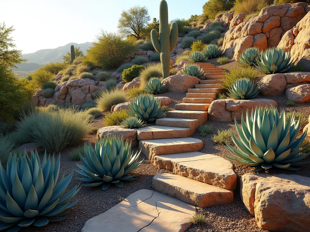 Dramatic Terraced Agave Slope Garden - A sunlit desert hillside garden with multiple terraced levels featuring majestic blue agave plants of varying sizes cascading down a natural stone-reinforced slope. The architectural agaves create a rhythmic pattern against earth-toned rock walls, with golden afternoon light casting dramatic shadows. Smaller succulents and desert grasses fill the spaces between, while the strong geometric forms of the agaves stand out against the rugged terrain. Photorealistic, high detail, landscape architecture photography style.