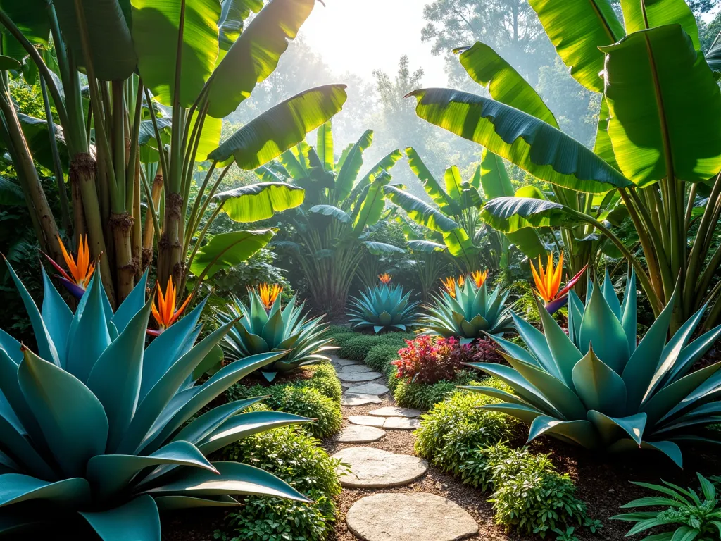 Lush Tropical Agave Paradise - A stunning garden landscape featuring dramatic blue-green agave plants surrounded by vibrant bird of paradise flowers and lush banana plants. The agaves' architectural forms create bold contrast against the large tropical foliage. Filtered sunlight streams through banana leaves, creating a magical, exotic atmosphere. Perspective shot with depth, showing multiple layers of plantings in a naturalistic style. Rich, warm colors with orange bird of paradise blooms against the cool tones of the agaves.