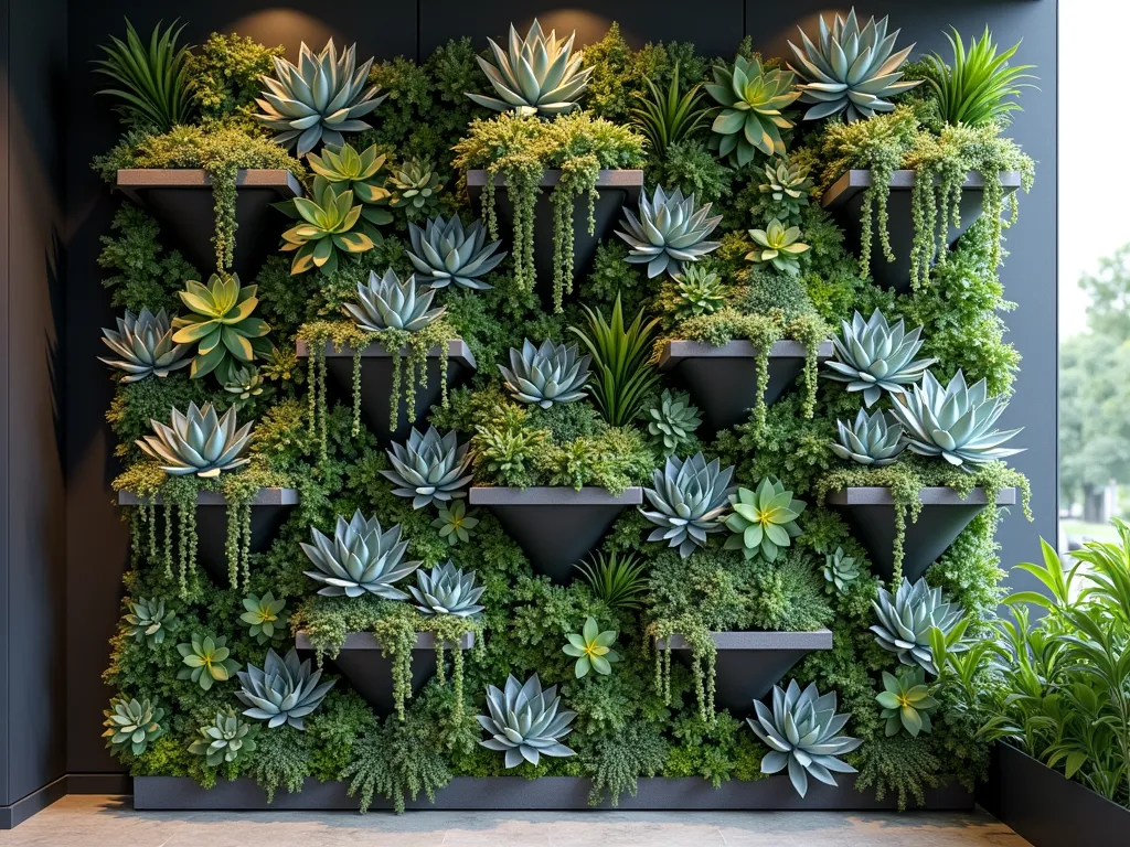 Modern Vertical Succulent Garden Wall - A stunning vertical living wall installation featuring a artful arrangement of small agave plants and diverse succulents. The design creates an eye-catching geometric pattern with varying textures and sizes, showcasing silvery-blue Agave attenuata, deep green Echeveria rosettes, and trailing String of Pearls. The wall has a modern architectural feel with plants growing from sleek mounted planters against a dark charcoal background, creating a dramatic interplay of light and shadow. Soft natural lighting highlights the sculptural forms of the succulents, photorealistic style, 4K resolution.