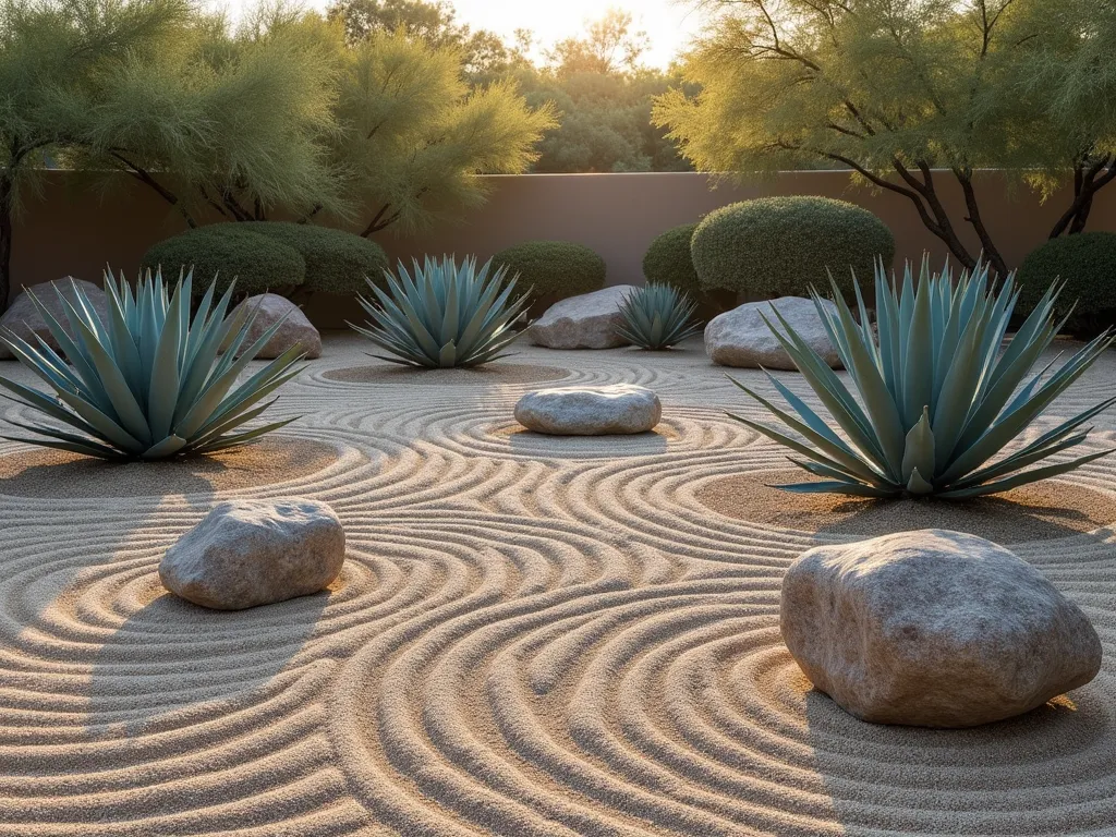 Zen Desert Agave Garden with Raked Sand Patterns - A serene desert zen garden featuring majestic blue-green agave plants arranged among precisely raked circular patterns in light golden gravel. Weathered granite boulders of varying sizes create focal points, while a large specimen Agave parryi takes center stage. The scene is captured during golden hour, casting gentle shadows across the raked patterns. Japanese-inspired design elements blend seamlessly with desert minimalism, creating a peaceful, meditative atmosphere. Clean lines and thoughtful plant placement emphasize the natural beauty of the agaves against the meticulously maintained gravel canvas.