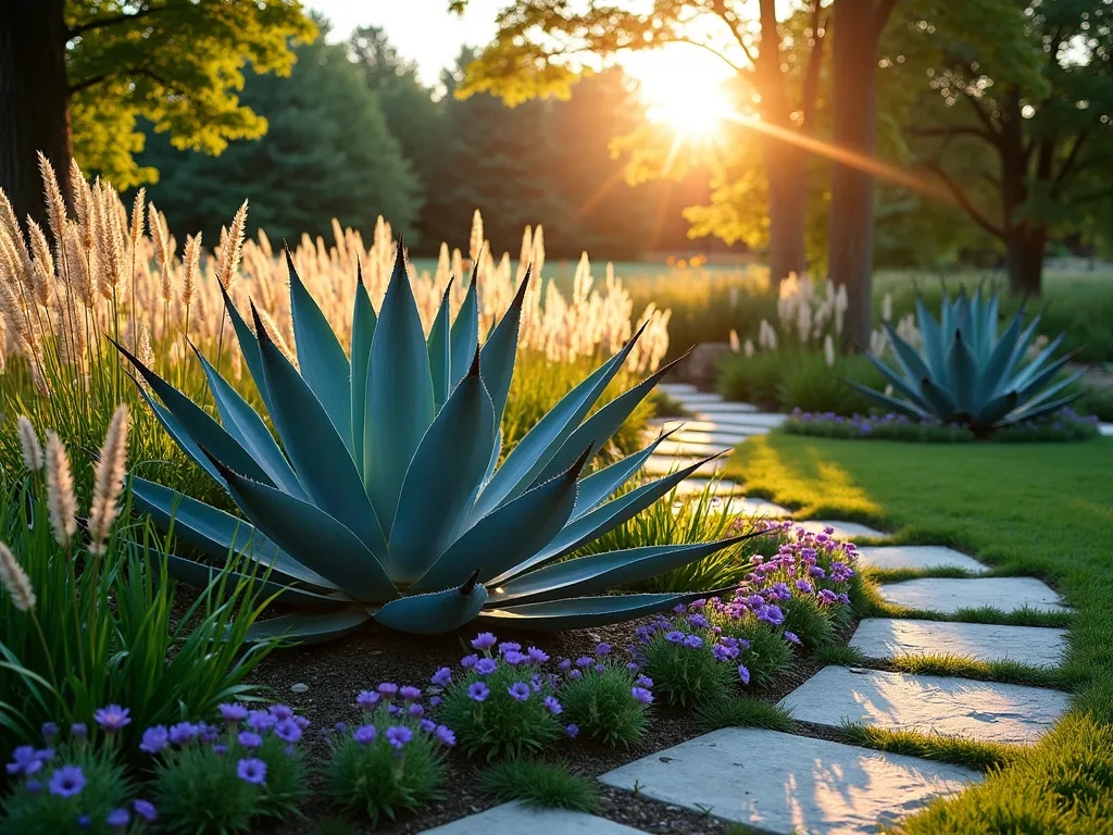 Agave Woodland Border Transition - A stunning twilight photograph of a naturalistic garden border where woodland meets maintained landscape. Dramatic blue-green Agave americana plants emerge from a flowing mix of native prairie grasses and purple coneflowers. Golden hour sunlight filters through distant oak trees, casting long shadows across the scene. The agaves' architectural forms create bold focal points while feathery Karl Foerster grass sways in the foreground. Shot from a low angle with a wide-angle lens, capturing the seamless transition from structured garden to wild woodland edge. Natural stone pathway weaves through the composition, leading the eye through the layered planting design. The scene is backlit, highlighting the translucent grass seed heads and agave's sculptural silhouettes. Professional photography with pristine clarity and rich depth of field.