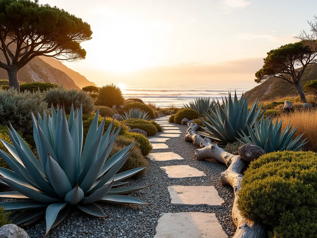 Coastal Agave Sanctuary at Sunset - A stunning coastal garden at golden hour, featuring majestic blue-gray Agave attenuata and Agave americana arranged among swaying coastal grasses. Wide-angle shot capturing weathered driftwood pieces artfully placed between clusters of agaves. Sea oats and native beach grasses create movement in the foreground, while weather-worn shells decorate a crushed shell pathway. Natural stone pavers lead through the garden, with coastal shrubs like juniper and rosemary providing texture. Soft sunset light casts long shadows across the landscape, highlighting the architectural forms of the agaves. The garden seamlessly blends into distant ocean views, photographed with a dreamy depth of field at f/2.8, creating a serene coastal atmosphere.