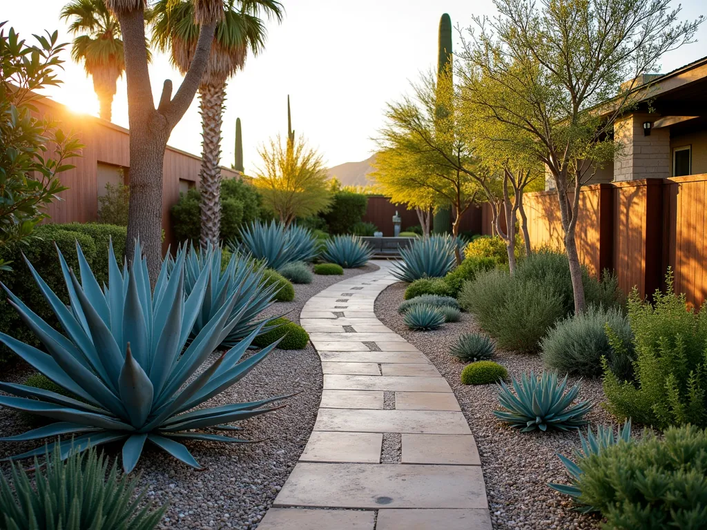 Desert Edible Garden with Agave Border - A DSLR wide-angle photograph of a modern desert garden pathway at golden hour, showcasing a striking border design where majestic blue-gray agave americana plants are thoughtfully arranged alongside edible desert plants. The garden features organized sections of silvery-green sage, rosemary, and desert thyme interspersed between the agaves. A natural flagstone pathway winds through the garden, bordered by crushed granite mulch. Desert fruit trees like pomegranate and fig provide height variation in the background. The low-angled sunlight casts dramatic shadows across the textured landscape, highlighting the architectural forms of the agaves against the softer herbs. Weathered cor-ten steel edging creates clean lines between different planting zones, while reclaimed wood raised beds contain desert-adapted vegetables. The composition shows the harmonious blend of ornamental and edible plants in a water-wise garden design.