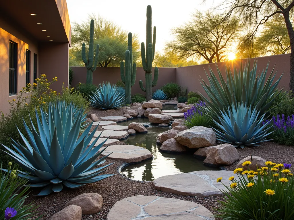 Desert Wildlife Sanctuary with Agaves - A stunning backyard desert garden at golden hour, shot with a 16-35mm lens at f/2.8, ISO 400. Dramatic blue agave plants create bold architectural elements against warm desert rocks. Native flowering plants in purples and yellows attract butterflies and hummingbirds. A natural stone water feature provides a drinking spot for birds, while thoughtfully placed boulders create natural nesting areas. Tall saguaro cacti and varying heights of agave species create a layered habitat effect. Desert wildflowers sway in the foreground as a hummingbird hovers near an aloe bloom. Soft golden light filters through the scene, creating dramatic shadows and highlighting the silver-blue tones of the agaves. The composition shows multiple wildlife zones with natural stone pathways weaving through the garden.