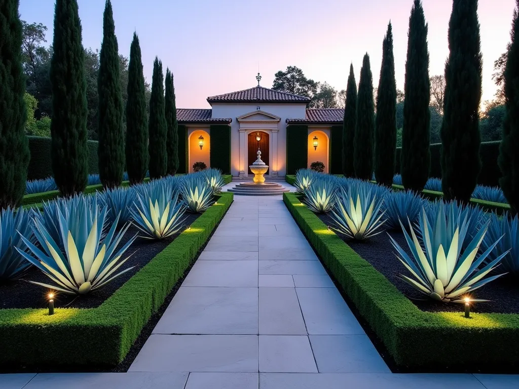 Elegant Symmetrical Agave Garden Design - A breathtaking formal garden at dusk featuring perfectly symmetrical Blue Glow Agave pairs lining a structured limestone pathway. The agaves create dramatic silhouettes against meticulously trimmed boxwood hedges. A classical fountain serves as the central focal point, while architectural uplighting highlights the striking geometric patterns of the agave leaves. Shot with a wide-angle perspective capturing the formal garden's perfect symmetry, with Mediterranean cypress trees framing the background. The golden hour lighting casts long shadows and emphasizes the blue-green coloring of the agaves, creating a harmonious blend of traditional and contemporary design elements.