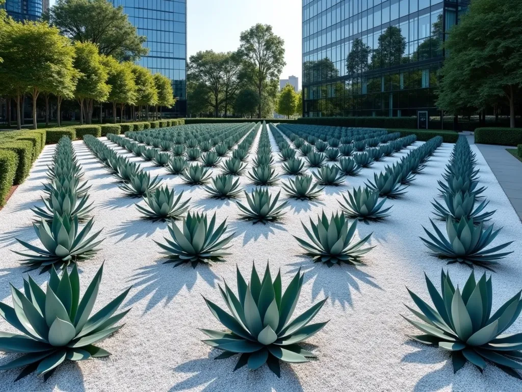 Modern Agave Grid Pattern Garden - A stunning wide-angle view of a contemporary garden featuring a precise geometric grid of identical blue-green Agave americana plants, perfectly spaced in a minimalist pattern across a bed of pristine white crushed gravel. The agaves cast dramatic shadows in the late afternoon sun, creating a mesmerizing checkerboard effect. Modern concrete pavers form a sleek pathway through the grid, while glass office buildings reflect in the background, emphasizing the corporate landscape design. The symmetrical arrangement is highlighted by subtle landscape lighting, with each agave's sculptural form creating a striking architectural statement. Photographed from a slightly elevated angle to showcase the mathematical precision of the grid pattern.