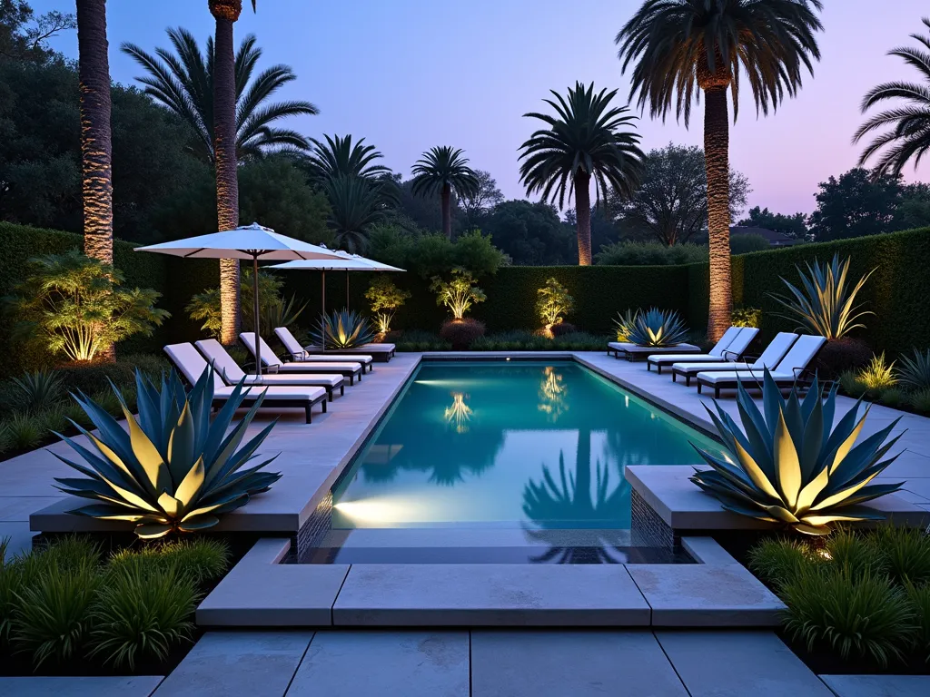 Luxury Agave Pool Oasis at Twilight - A sophisticated modern pool landscape at twilight, photographed with a wide-angle DSLR lens at f/8. Smooth-leafed Agave attenuata arranged in elegant groupings around a resort-style pool, their blue-green foliage dramatically illuminated by strategic uplighting. Contemporary concrete pool deck featuring built-in planters with cascading specimens. Complementary tropical plants like bird of paradise and palm trees create a luxurious backdrop. Modern lounge chairs and umbrellas positioned thoughtfully between agave clusters. Subtle LED path lighting creates a warm ambiance, reflecting off the pool's crystal-clear water. Glass pool fencing maintains unobstructed views of the landscaping. Professional architectural lighting highlights the sculptural forms of the agaves against a dusky purple sky.