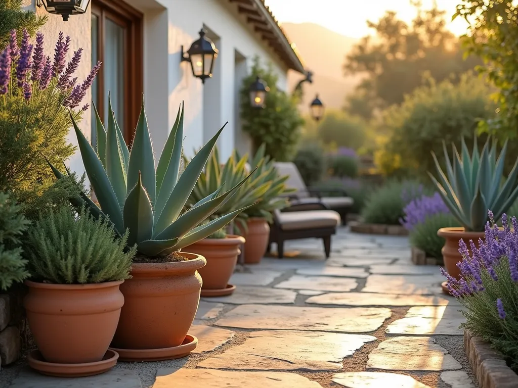 Mediterranean Agave Terrace at Golden Hour - A sun-drenched Mediterranean-style terrace photographed during golden hour, featuring an elegant arrangement of blue-green agave plants in rustic terra cotta pots of varying heights and sizes. The pots are artfully clustered on natural stone pavers, with blooming lavender and cascading rosemary creating a soft purple and green contrast against the architectural agaves. Warm sunlight casts long shadows across the terrace, highlighting the dramatic spikes and geometric patterns of the agaves. Shot with a wide-angle lens at f/2.8, capturing the depth and texture of the scene while maintaining a dreamy bokeh effect in the background where a whitewashed Mediterranean-style wall provides a perfect backdrop. The composition includes both small and large agave specimens, from compact Agave victoriae-reginae to dramatic Agave americana, creating a stunning layered display that combines structural beauty with Mediterranean charm.