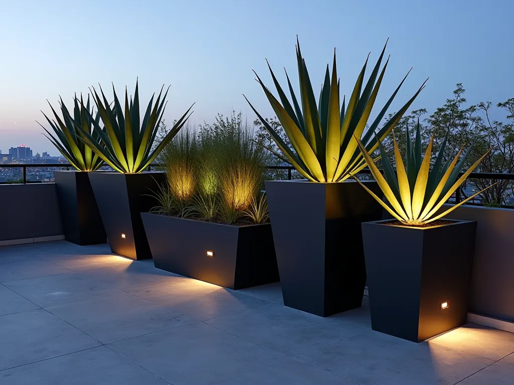 Modern Agave Container Garden at Dusk - A stunning rooftop patio setting at dusk featuring a collection of dramatic agave plants arranged in contemporary black and metallic planters of varying heights. The sleek containers, ranging from tall cylindrical to low wide bowls, showcase Blue Glow Agave and Weber's Agave specimens. Modern geometric planters in matte black and brushed steel finishes create sharp contrast against the architectural agave forms. Soft evening lighting illuminates the sculptural plants from below, casting dramatic shadows on a minimalist concrete floor. The urban skyline serves as a distant backdrop, while strategic uplighting highlights the striking architectural forms of the agaves.