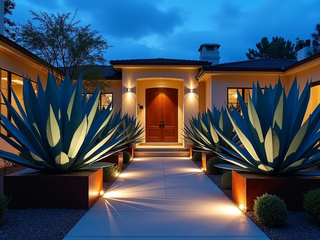 Modern Agave Entry Garden at Dusk - A dramatic twilight photograph of a modern home entrance featuring a grand walkway lined with majestic Blue Agave (Agave tequilana) specimens. The agaves cast striking shadows from sophisticated ground-level lighting, while their sculptural forms create bold architectural statements against smooth concrete pavers. The walkway leads to a contemporary entrance with clean lines, where two large Weber Blue Agave plants serve as impressive focal points in raised Corten steel planters. Warm LED uplighting illuminates the agaves' dramatic silhouettes, creating an ethereal atmosphere in the blue hour. Shot with a wide-angle perspective at f/2.8 to capture the depth and dimension of the scene, with the architectural details of the house softly visible in the background.