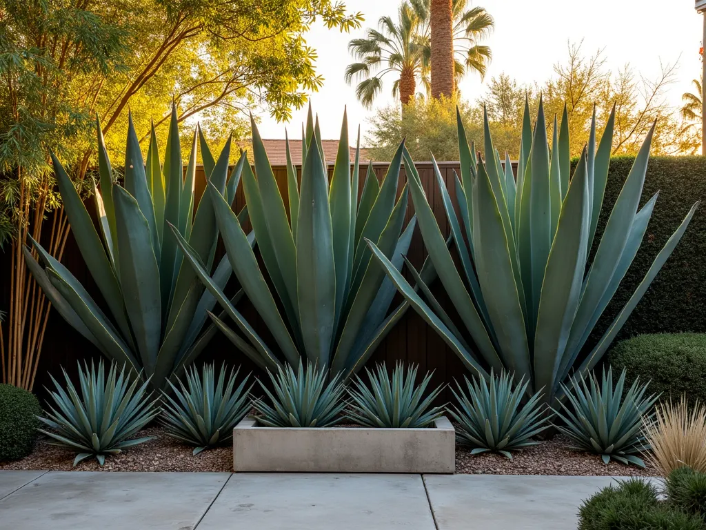 Modern Agave Privacy Screen at Sunset - A sophisticated backyard privacy screen featuring majestic Weber's Agave and towering Blue Flame Agave plants arranged in cascading heights, photographed during golden hour. The agaves create a dramatic natural barrier with their architectural forms casting long shadows. Interspersed with tall bamboo and desert grasses for added privacy and texture. Modern concrete planters in varying heights add architectural interest. Warm sunset light filters through the sculptural agave leaves, creating a captivating interplay of light and shadow. Shot with a wide-angle lens to capture the full scope of the layered design, with selective focus on the detailed agave patterns. Professional landscape lighting illuminates key specimens.