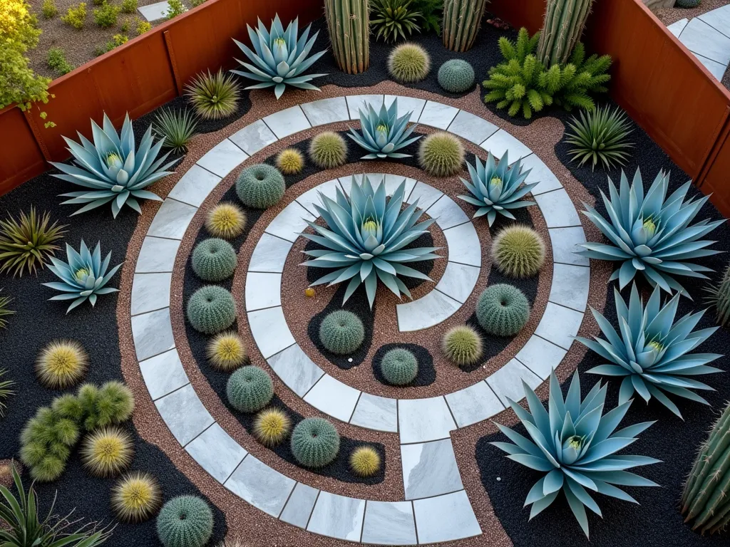 Modern Circular Agave Garden Design - A stunning overhead view of a modern circular garden design at golden hour, captured with a 16-35mm lens at f/2.8, ISO 400. The garden features concentric rings of blue-gray agave americana and agave attenuata arranged in a mesmerizing spiral pattern. The design incorporates crushed white marble pathways that wind between the rings, leading to a central focal point featuring a dramatic blue agave weber. Contrasting materials including dark river rocks and copper-colored decomposed granite create a striking visual pattern. Desert-adapted companion plants like silver blue Senecio mandraliscae and golden barrel cacti accent the spaces between agaves. Modern concrete stepping stones float above beds of fine gravel, while strategic uplighting casts dramatic shadows across the textural plant forms. The garden is bordered by contemporary Corten steel edging that adds warm rustic tones to the design.