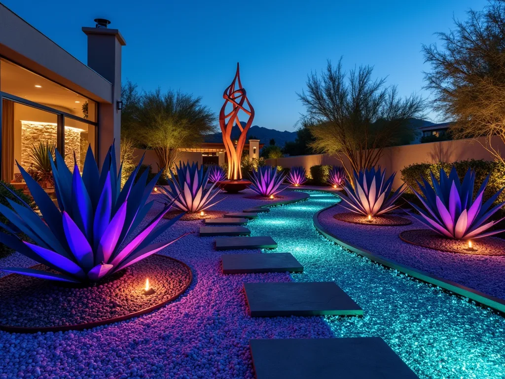 Modern Desert Art Garden with Illuminated Agaves - A twilight photograph of a modern desert art garden featuring sculptural blue agave plants dramatically lit with purple and amber spotlights. In the foreground, a curved metal sculpture in copper tones winds through the garden, complementing the agaves' natural geometry. The ground is covered with a mosaic of turquoise and cobalt blue glass mulch that sparkles under the lighting. Contemporary concrete stepping stones create an artistic pathway, while a large abstract metal wind sculpture stands as a centerpiece. The scene is captured with a wide-angle lens, showing the entire artistic composition against a deep blue dusk sky, with modern architectural elements visible in the background. Shot at f/2.8 with subtle depth of field, emphasizing the interplay of light and shadow.