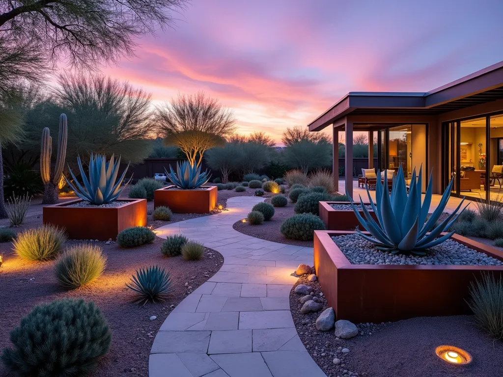 Modern Desert Rain Garden with Agave - A stunning wide-angle twilight shot of a modern desert rain garden featuring dramatic blue agave plants arranged in elevated Corten steel planters. The garden incorporates elegant curved swales with river rock that direct rainfall toward the plants. Natural stone pathways wind through the space, made of permeable pavers that allow water absorption. Strategic terracing creates multiple levels, with smaller agave varieties cascading down the slopes. Subtle landscape lighting illuminates the architectural agave forms, while native desert grasses add movement. A small meditation deck overlooks the sustainable design, backed by purple-orange sunset sky.