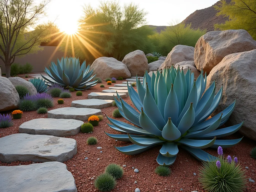 Modern Desert Rock Garden with Agave Collection - A stunning modern desert rock garden at golden hour, photographed with a wide-angle lens showcasing multiple layers of naturally weathered boulders and dramatic agave specimens. A large Blue Agave serves as the centerpiece, surrounded by smaller Weber's Agave and Queen Victoria Agave plants nestled between sun-worn granite boulders. Desert marigolds and purple verbena provide delicate color accents against a bed of rust-colored decomposed granite. Natural sunlight casts long shadows across the textured landscape, highlighting the architectural forms of the agaves. The composition creates a sense of depth with careful placement of rocks and plants, captured with professional DSLR settings: f/8, ISO 100, 1/125 sec, emphasizing the rich textures and natural desert aesthetic.