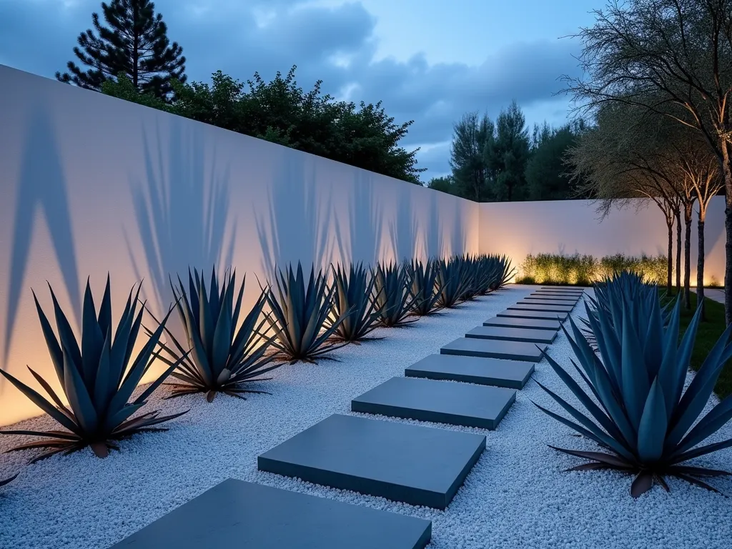 Modern Minimalist Agave Border with Geometric Pavers - A stunning wide-angle twilight shot of a contemporary garden border featuring majestic blue agave plants (Agave tequilana) arranged in a precise linear formation. The sculptural agaves cast dramatic shadows against pristine white gravel, while floating rectangular concrete pavers create a geometric pathway. Modern white garden walls provide a crisp backdrop, while subtle landscape lighting illuminates the agaves from below, emphasizing their architectural forms. The clean lines and minimal color palette of blues, whites, and grays create a sophisticated modern landscape design. Shot during blue hour to capture the ethereal ambiance.