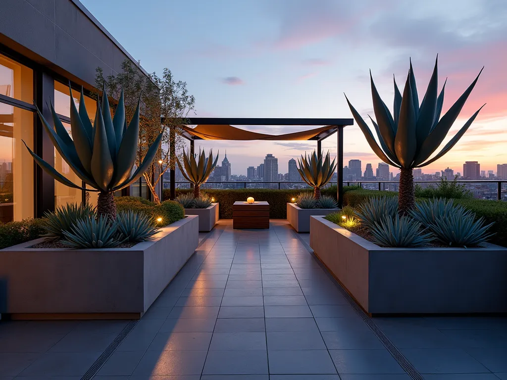 Modern Rooftop Agave Sanctuary - A stunning dusk photograph of a contemporary urban rooftop garden, shot at f/2.8 with a 16-35mm lens. Large geometric concrete planters house majestic blue agave and agave attenuata, creating dramatic silhouettes against the golden sky. Built-in wooden bench seating wraps around the perimeter, while a sleek pergola with retractable canvas provides shade. Modern steel drainage channels are subtly integrated into the dark tile flooring. Minimalist LED lighting casts a warm glow on the sculptural agaves, while the city skyline sparkles in the background. The wide-angle composition emphasizes the harmonious blend of architectural elements and desert flora.