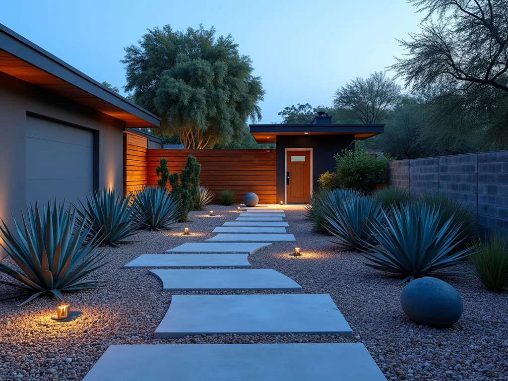 Contemporary Agave Water-Wise Garden at Dusk - A sophisticated modern garden landscape at dusk, featuring a dramatic arrangement of blue-green agave plants as focal points. Wide-angle view showing a sleek permeable paver pathway winding through strategically placed agave clusters. Modern rain catchment system with architectural steel cisterns integrated into the design. Subtle LED landscape lighting illuminating the sculptural agaves. Background features a contemporary horizontal fence and minimal drought-tolerant companions like silver-blue festuca grass and desert spoon. Foreground showcases decomposed granite mulch and modern concrete planters with specimen Agave attenuata. Smart irrigation drip lines discretely visible among the natural stone groundcover.