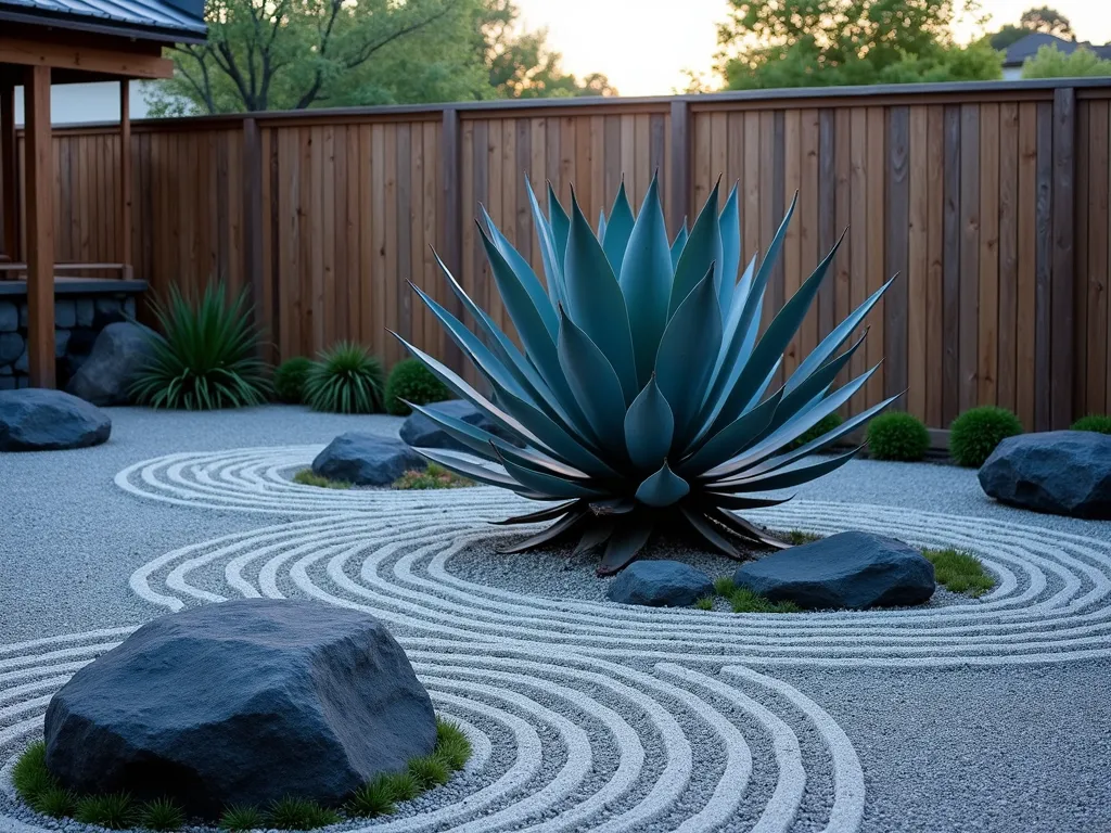 Modern Zen Agave Garden at Dusk - A serene Japanese-inspired garden at dusk, featuring a majestic blue agave as the centerpiece, surrounded by meticulously raked concentric circles in light gray gravel. Large, smooth black river rocks are thoughtfully placed around the agave, creating a harmonious composition. The scene is photographed from a low angle, with soft evening light casting gentle shadows across the gravel patterns. A simple bamboo water feature provides subtle movement in the background, while minimal moss patches add touches of green between carefully selected stones. The architectural silhouette of the agave's dramatic leaves creates striking geometric patterns against the dimming sky, captured with pristine clarity using a wide-angle lens. A traditional wooden Japanese fence provides a weathered backdrop, creating depth and authenticity to this contemporary interpretation of a zen garden.