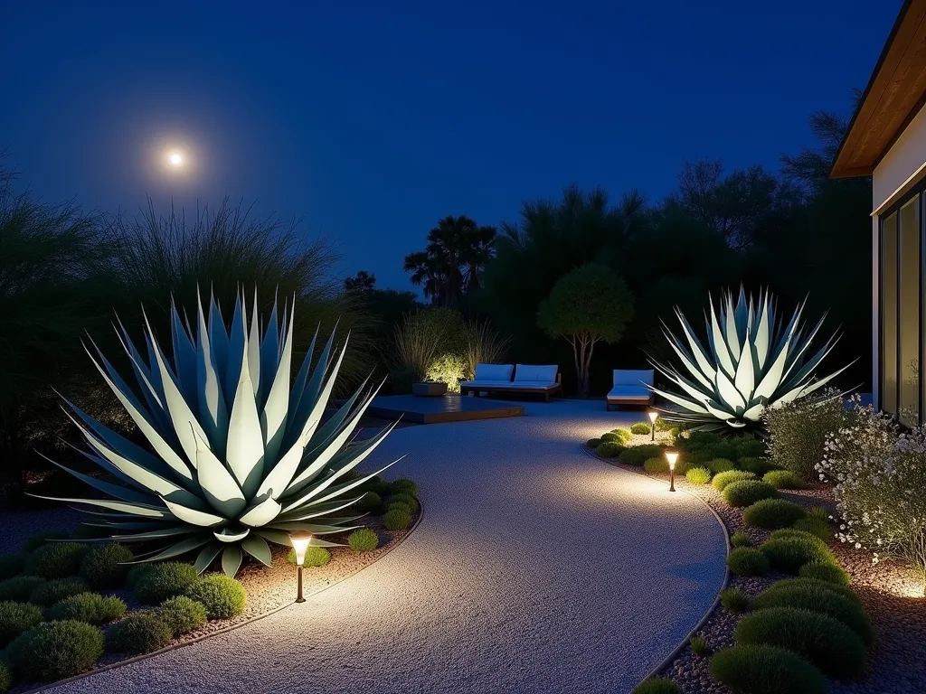 Moonlit Agave Garden Sanctuary - A serene nighttime garden scene featuring majestic blue-tinted Weber's Agave and silvery-white Whale's Tongue Agave plants dramatically illuminated by subtle ground lighting and natural moonlight. The agaves' sculptural forms cast ethereal shadows across a modern patio space, while white flowering Desert Rose and Luna White Cosmos sway gently in the background. A curved decomposed granite pathway winds through the garden, bordered by moonlight-reflecting crushed quartz. The wide-angle composition captures the entire space with a full moon visible in the deep blue night sky, creating a mystical atmosphere enhanced by strategic uplighting that highlights the agaves' architectural silhouettes. Modern minimalist seating areas blend seamlessly with the desert landscape, while small LED path lights guide the way through this enchanting nocturnal garden retreat.