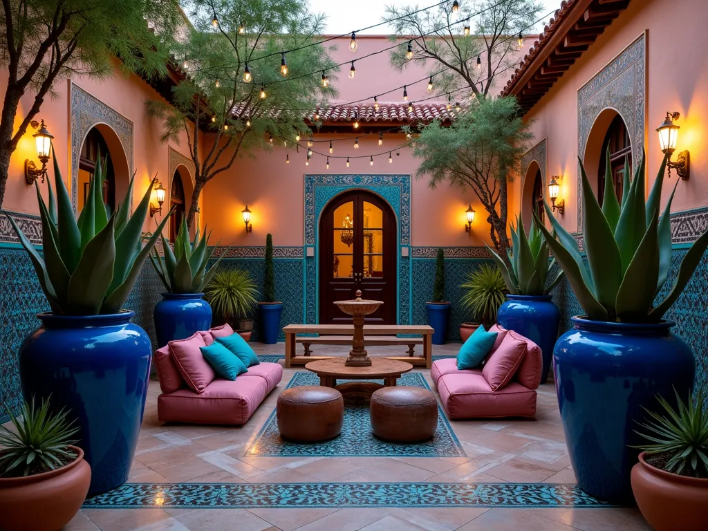 Luxurious Moroccan Agave Courtyard at Dusk - A stunning Moroccan-inspired courtyard garden photographed at dusk with warm lighting. Large blue-glazed ceramic pots showcase majestic Agave americana and Agave attenuata plants. Intricate blue and turquoise zellige tiles line the walls, while brass lanterns cast enchanting shadows. A plush outdoor seating area features rich jewel-toned cushions on traditional Moroccan poufs and a low copper table. Terracotta planters with desert succulents line the perimeter. Shot with a wide-angle lens capturing the intimate atmosphere, string lights draped overhead create a magical ambiance, while a decorative fountain provides a focal point. Professional photography with soft natural lighting and dramatic shadows, 16-35mm lens, f/2.8, ISO 400