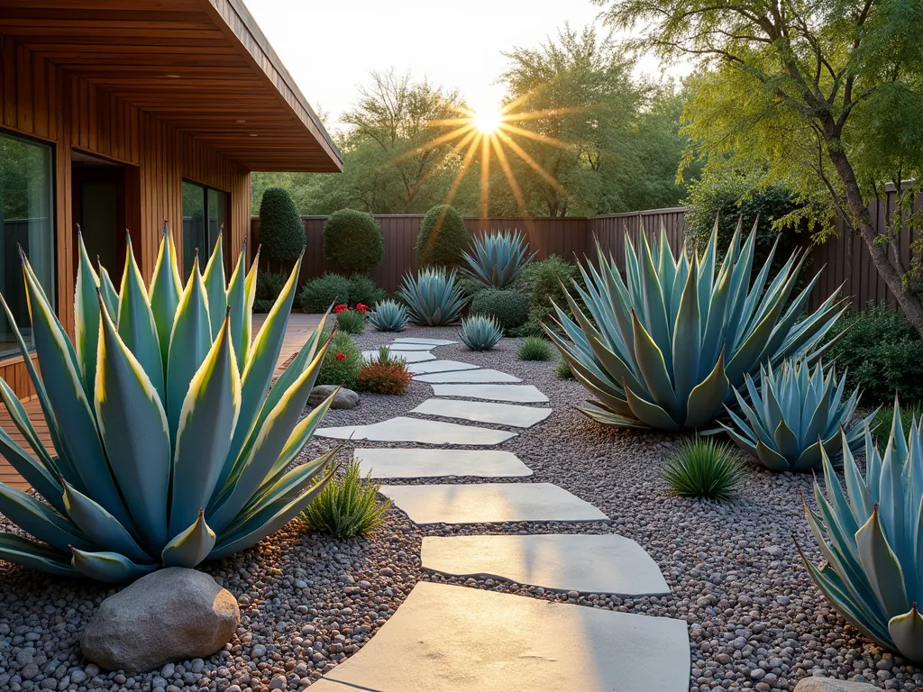 Colorful Agave Garden Tapestry - A stunning wide-angle DSLR photograph of a modern desert garden at golden hour, showcasing a mesmerizing collection of diverse agave plants arranged in a artistic spiral pattern. The centerpiece features a large blue Agave attenuata, surrounded by golden-striped Agave americana variegata and silvery-blue Agave parryi. The plants create a natural color gradient, with their architectural forms casting dramatic shadows across decorative gravel. Contemporary concrete pavers wind through the display, while a sleek wooden deck provides a viewing platform. Soft evening light illuminates the variegated patterns on the leaves, highlighting the rainbow of blues, yellows, and cream striations. Desert-adapted companion plants like red-flowering aloe provide subtle color accents. Shot at f/8 for exceptional detail, capturing the intricate textures and patterns of each specimen.