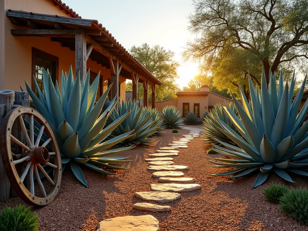 Rustic Ranch Agave Garden at Sunset - A wide-angle photograph of a rustic ranch-style garden at golden hour, featuring majestic blue agave plants with their architectural forms casting long shadows. In the foreground, an authentic vintage wooden wagon wheel leans against weathered cedar fence posts. Natural limestone pathways wind through the garden, filled with amber-colored decomposed granite that glows in the warm sunset light. Multiple large Agave americana specimens create dramatic focal points, their silver-blue leaves contrasting beautifully with rust-colored native stones and reclaimed barnwood elements. The composition is photographed with a 16-35mm lens at f/2.8, ISO 400, capturing the rich textures and southwestern atmosphere with stunning clarity and depth.