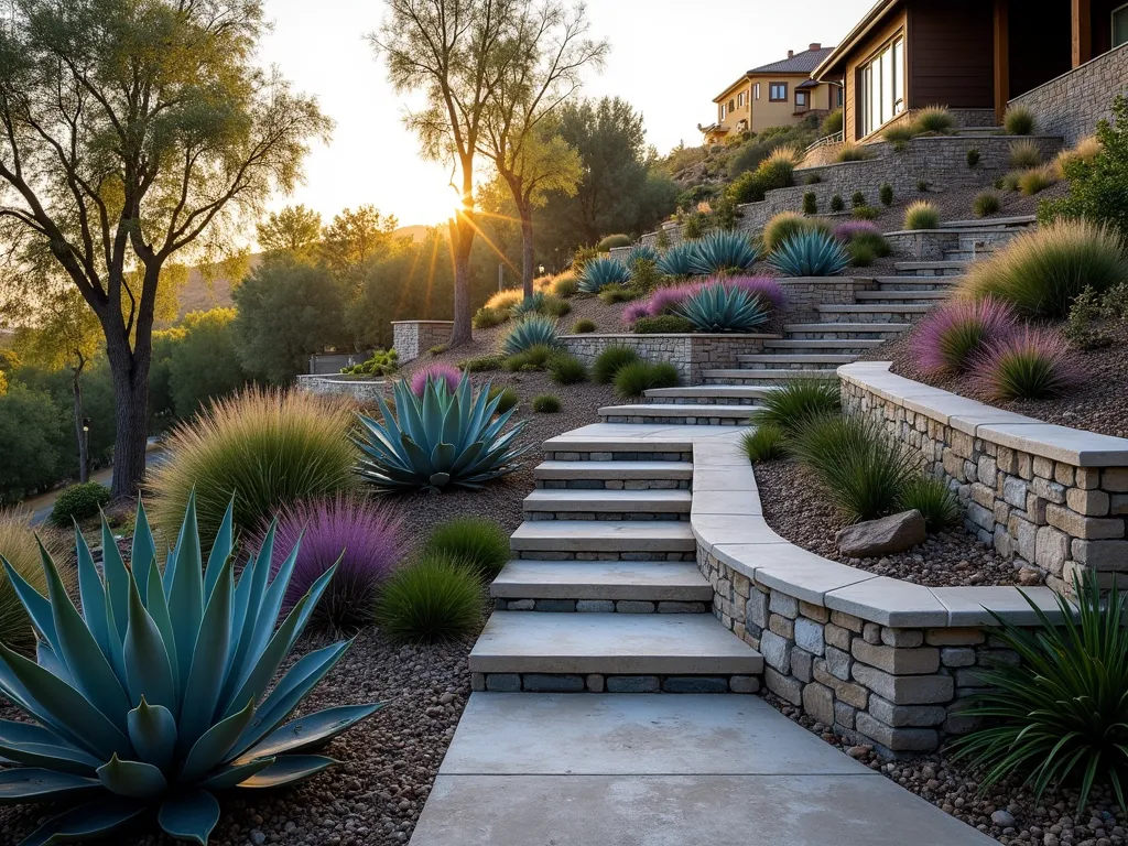 Terraced Agave Hillside Garden - A dramatic late afternoon landscape photograph of a modern terraced hillside garden, featuring multiple levels of natural stone retaining walls. Large blue-green Agave americana and Weber's agave cascade down the slopes, interspersed with drought-tolerant Mexican feather grass and purple fountain grass. The terraces incorporate a sophisticated drainage system with decorative river rock channels. Golden sunlight casts long shadows across the textured landscape, highlighting the architectural forms of the agaves. A curved stone stairway weaves through the terraces, while small LED landscape lights are thoughtfully placed to illuminate the pathway. Shot from a three-quarter elevated perspective to showcase the full scope of the erosion control design.