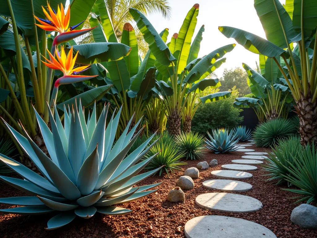 Tropical Agave Garden Border at Sunset - A stunning wide-angle DSLR photograph of a lush garden border where magnificent blue-green agave plants harmoniously blend with towering bird of paradise flowers and dramatic banana plants. The scene is captured during golden hour, with warm sunlight filtering through the banana leaves, creating dramatic shadows. In the foreground, a large Weber's Agave (Agave weberi) forms a striking architectural centerpiece, its silvery-blue leaves contrasting beautifully with the orange bird of paradise blooms. Dark brown mulch creates clean, defined borders between plants, while smaller agave varieties dot the landscape. The tropical foliage creates layers of texture and height, photographed at f/8 for perfect depth of field, showcasing the intricate details of each plant while maintaining the overall garden composition. Natural stone pavers create a subtle pathway through the border, adding structure to the exotic landscape.