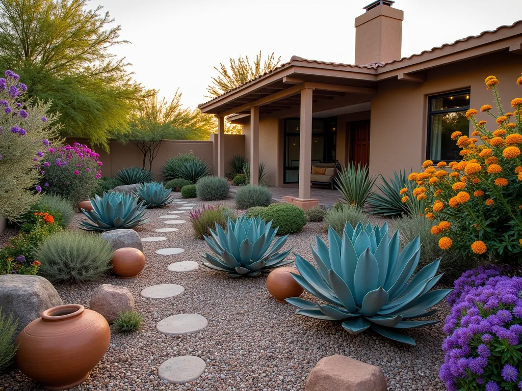 Vibrant Southwest Desert Garden with Agave - A stunning wide-angle DSLR photo of a Southwest garden at golden hour, featuring dramatic blue-green agave plants as focal points surrounded by vibrant purple sage and orange lantana blooms. Terra cotta pottery and rustic containers add warm accents against desert pebbles and decomposed granite. Flowering barrel cacti provide pops of pink and yellow, while trailing purple verbena softens pathways. Natural rock formations and weathered wood elements create depth, captured with professional lighting at f/8, ISO 100, creating a perfect balance of desert architecture and colorful native plantings. A modern southwestern home provides a subtle backdrop.